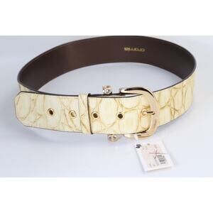 Wide Croc Embossed Leather Belt Size 46 Cream Gold Crystal Buckle